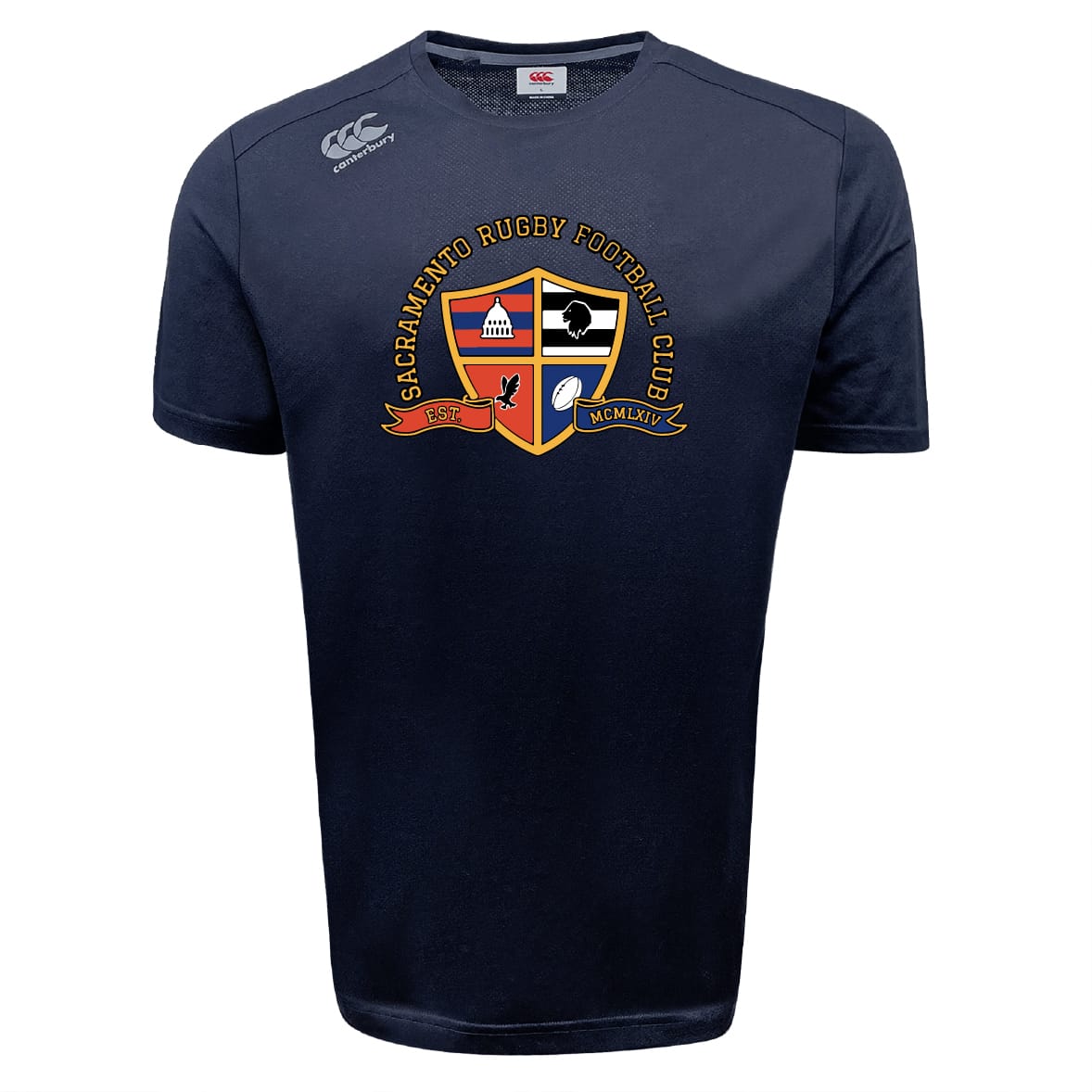 The Sacramento Rugby Football Club Tempo Vapodri T-Shirt by WRS Canterbury is a navy blue, moisture-wicking tee featuring the club crest and logo on the front, with subtle Canterbury branding in a classic sports style.