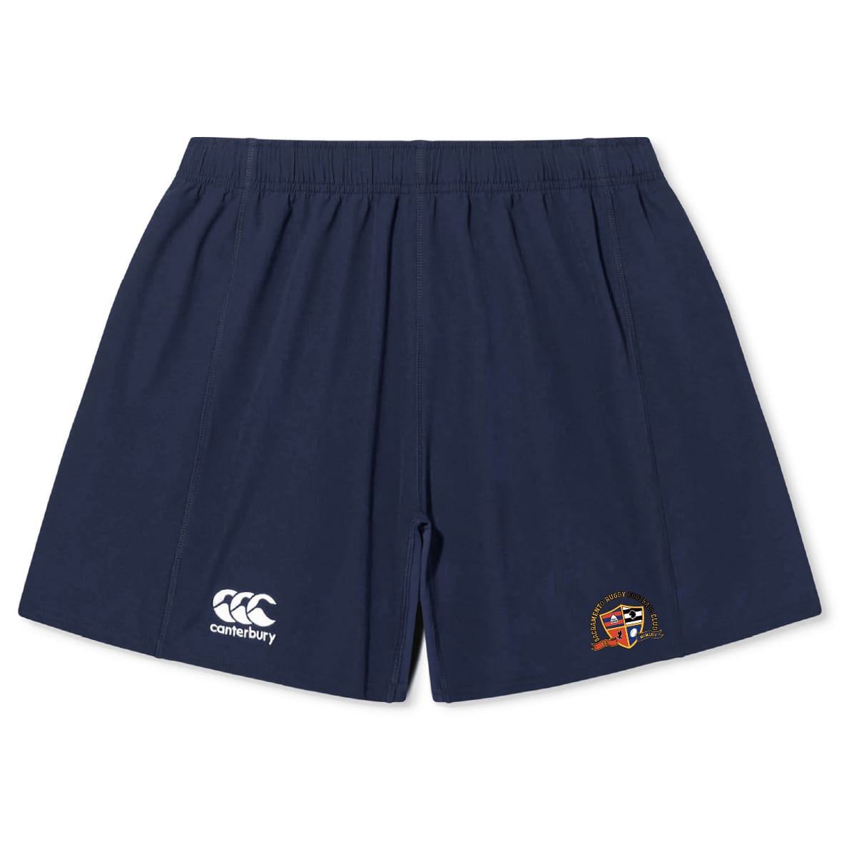 The Sacramento Rugby Football Club Yokohama Short by EMB Canterbury features a navy blue design with an elastic waistband, Canterbury logo on the left leg, and an embroidered crest on the right—ideal for training or game day.