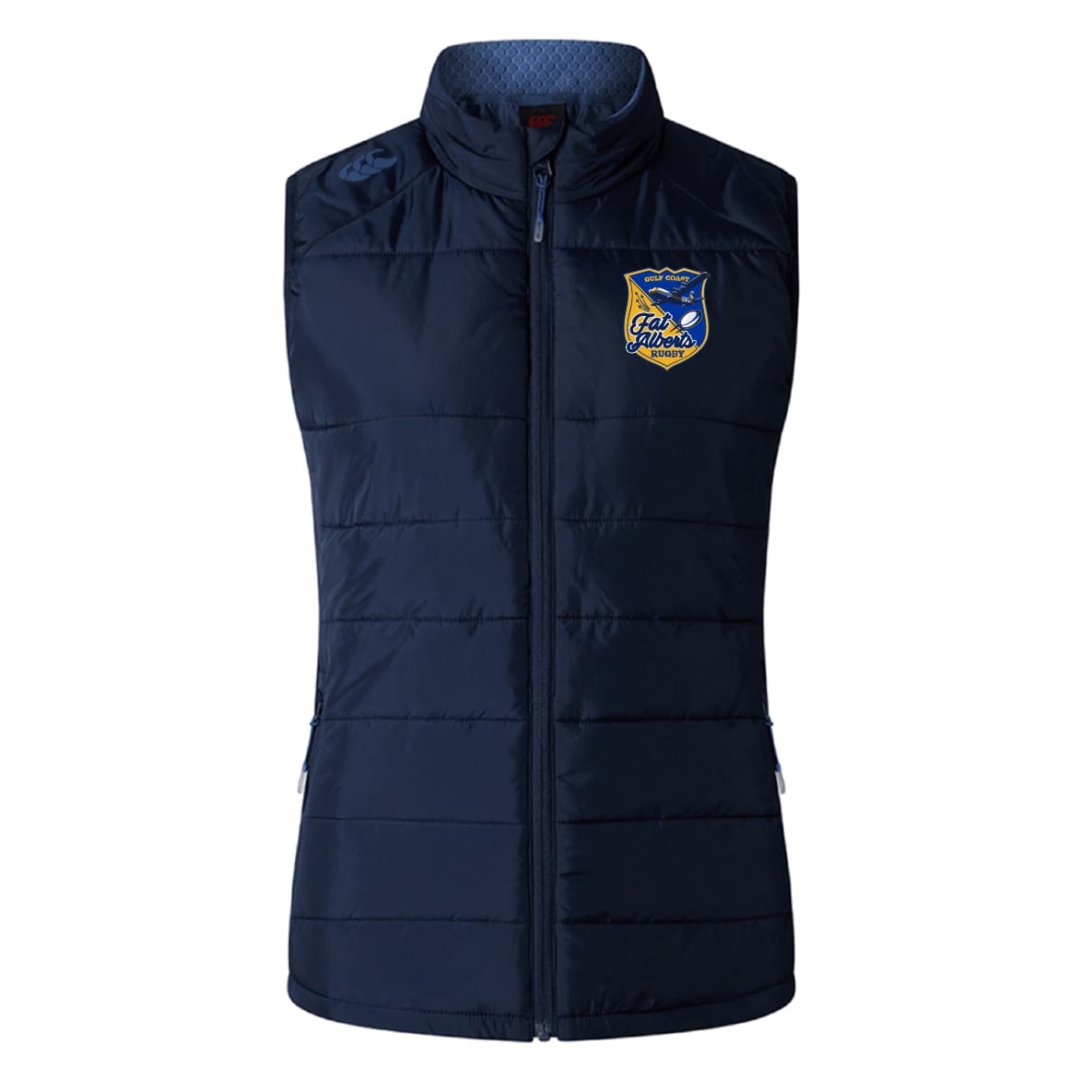 The Gulf Coast Fat Alberts Women's Elite Microlite Gilet by EMB Canterbury features a navy blue design, front zipper, thermoreg fleece for warmth, and a "Falk Falcons" logo patch on the left chest.