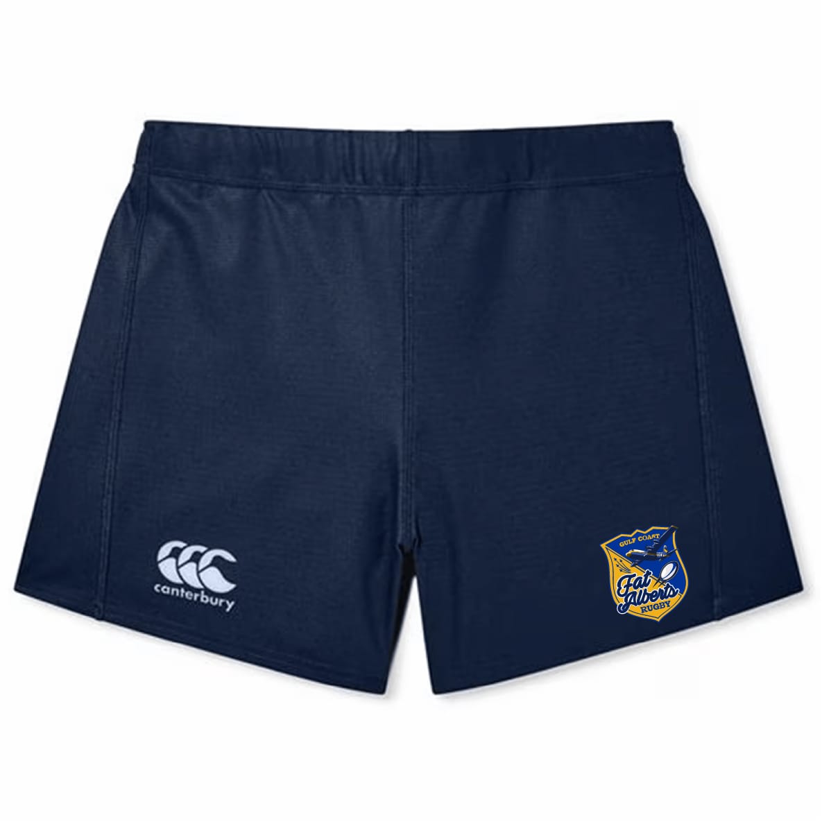 The Gulf Coast Fat Alberts Women's Yokohama Short by EMB Canterbury features navy blue fabric, a white Canterbury logo on the left leg, and a blue and yellow Yokohama team crest on the right leg.