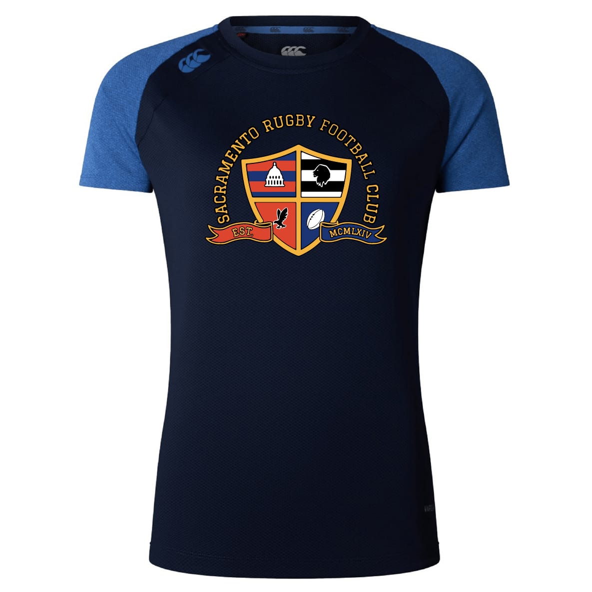 The Sacramento Rugby Football Club Women's Elite Training Tee by WRS Canterbury features a navy blue design with the club crest and "EST. MCMLXIV" text, offering lightweight comfort for workouts and training sessions.