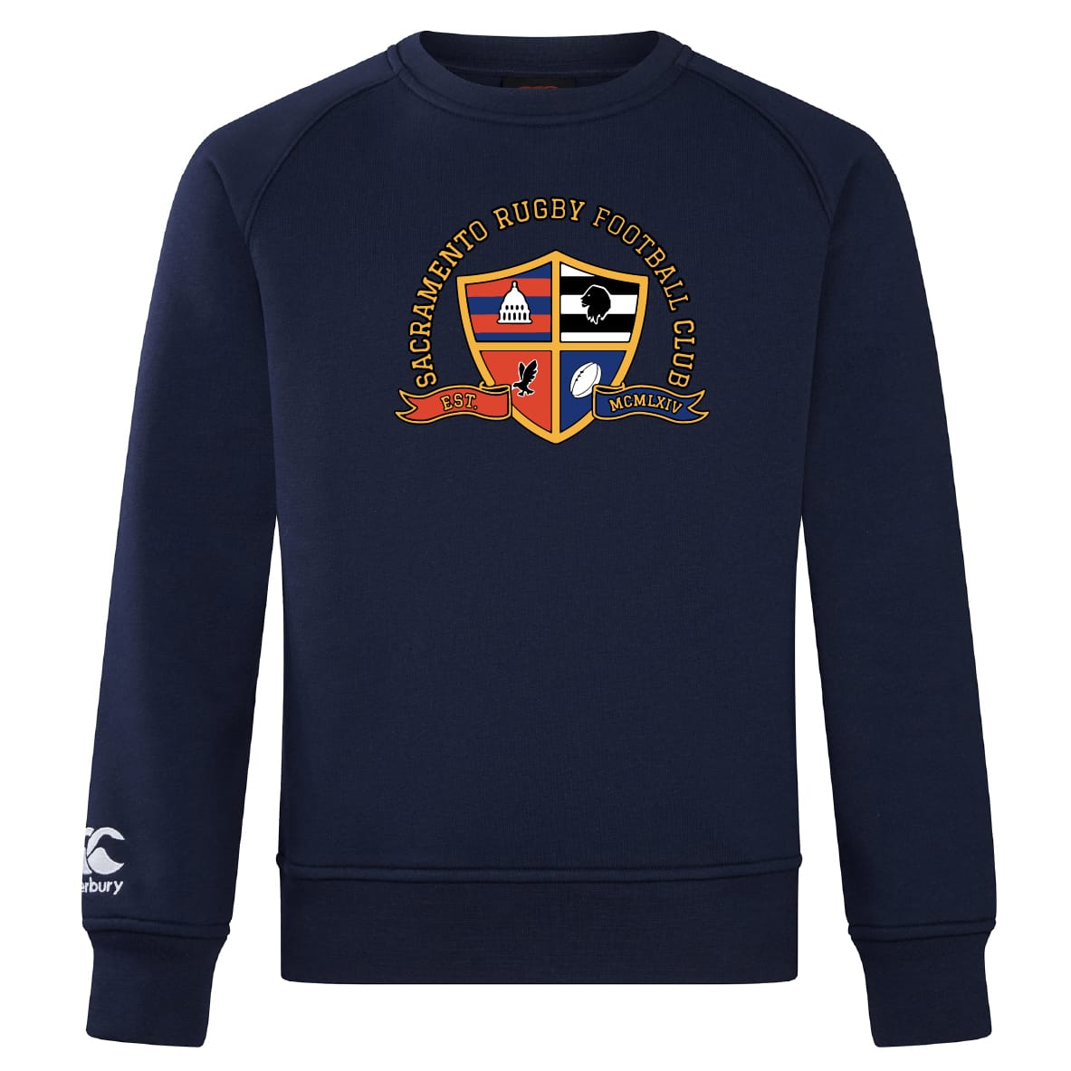 The WRS Canterbury Sacramento Rugby Football Club Crew Sweatshirt is a navy blue, ultra-soft top featuring the club crest on the chest and an embroidered CCC logo on the left sleeve.