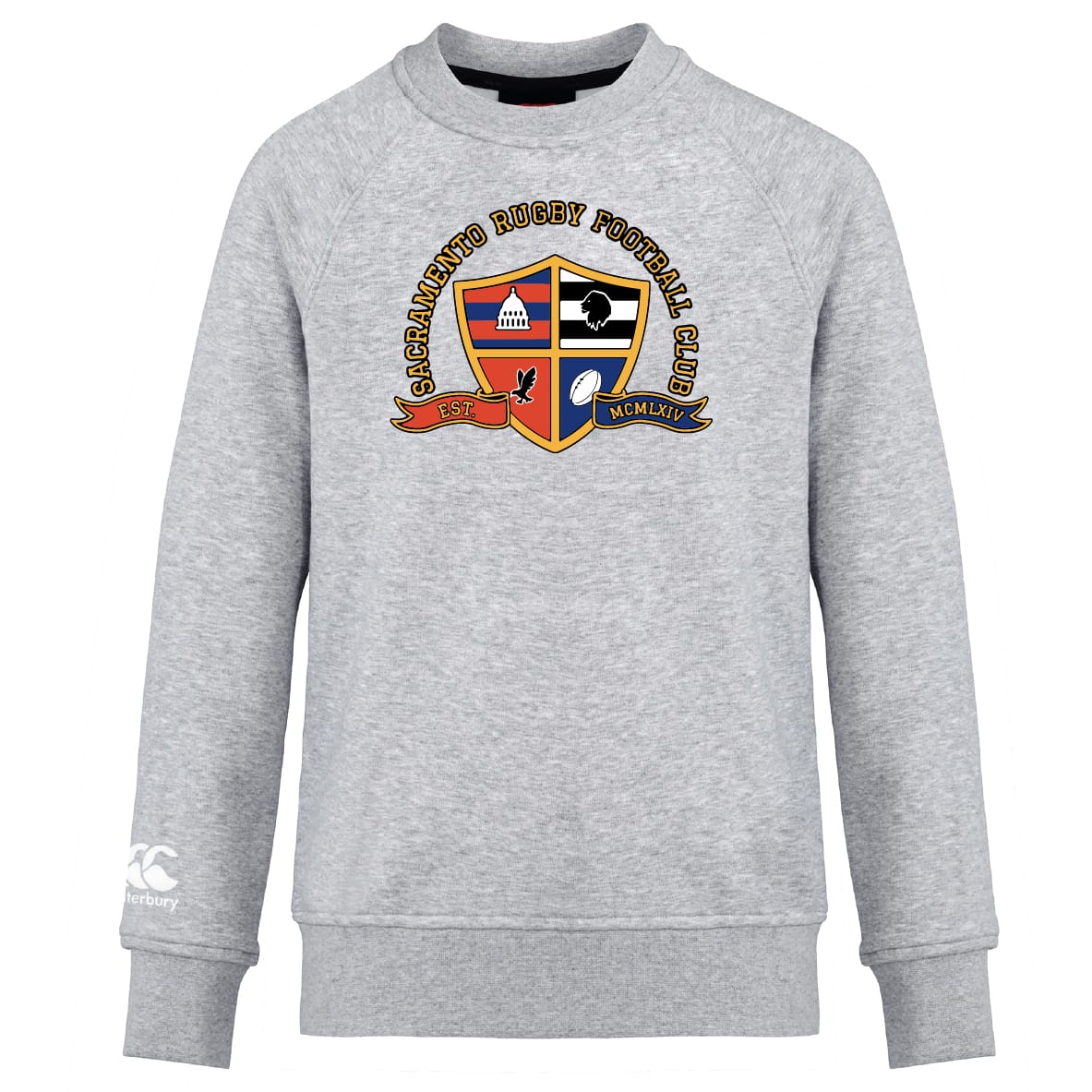 The Sacramento Rugby Football Club Club Crew Sweatshirt by WRS Canterbury features a light gray design with the club crest and embroidered CCC logo on the front center, offering ultra-soft comfort and style for fans.