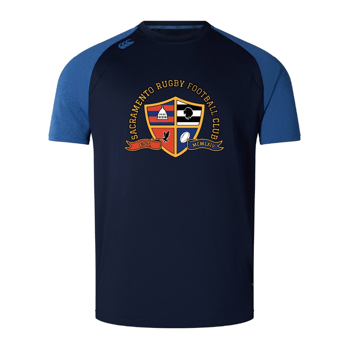 The Sacramento Rugby Football Club Elite Training Tee by WRS Canterbury is a navy and blue short-sleeve shirt with the club crest, made from lightweight, durable Vapodri fabric for comfort on and off the field.