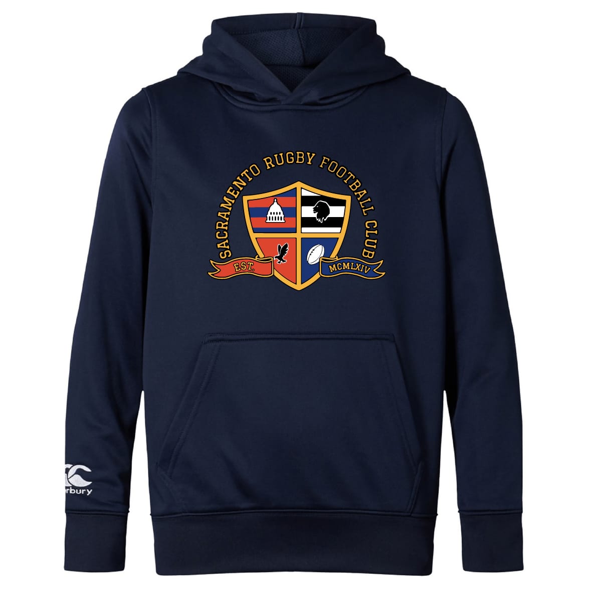 The Sacramento Rugby Football Club Club Lightweight Hoodie by WRS Canterbury is a navy blue hoodie with the club crest on the chest, kangaroo pocket, and a small Canterbury logo on the left sleeve.
