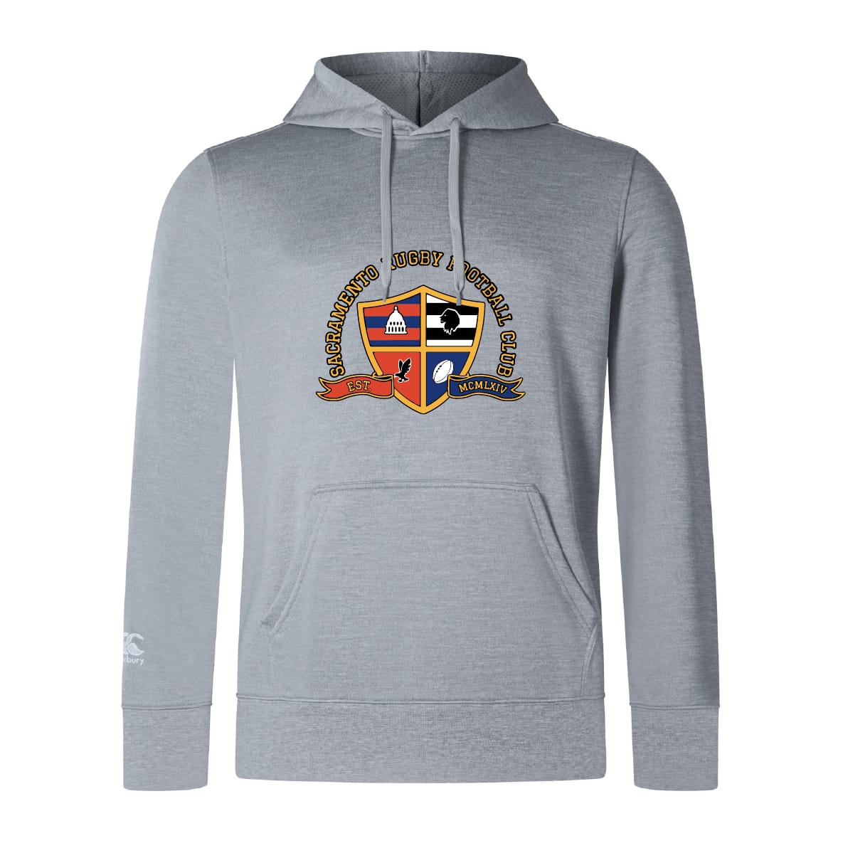 Lightweight light gray hoodie by WRS Canterbury featuring a colorful crest and “Sacramento Rugby Football Club” text on the chest, plus a comfy kangaroo pocket.