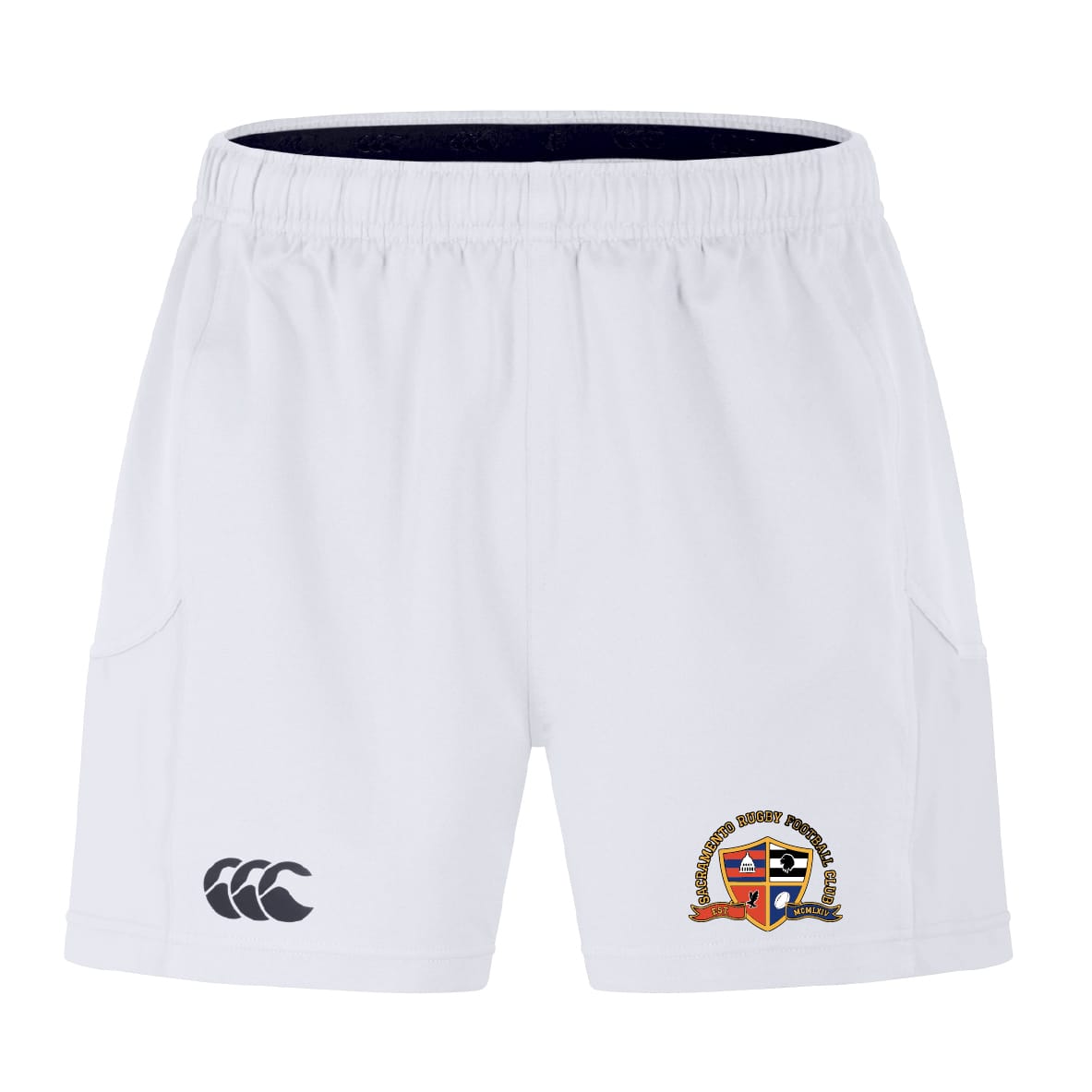 The EMB Canterbury Sacramento Rugby Football Club Advantage Short 2.0 features an elastic waistband, black Canterbury logo on the left leg, multicolored crest with text on the right, and is made with recycled content for high-performance training.