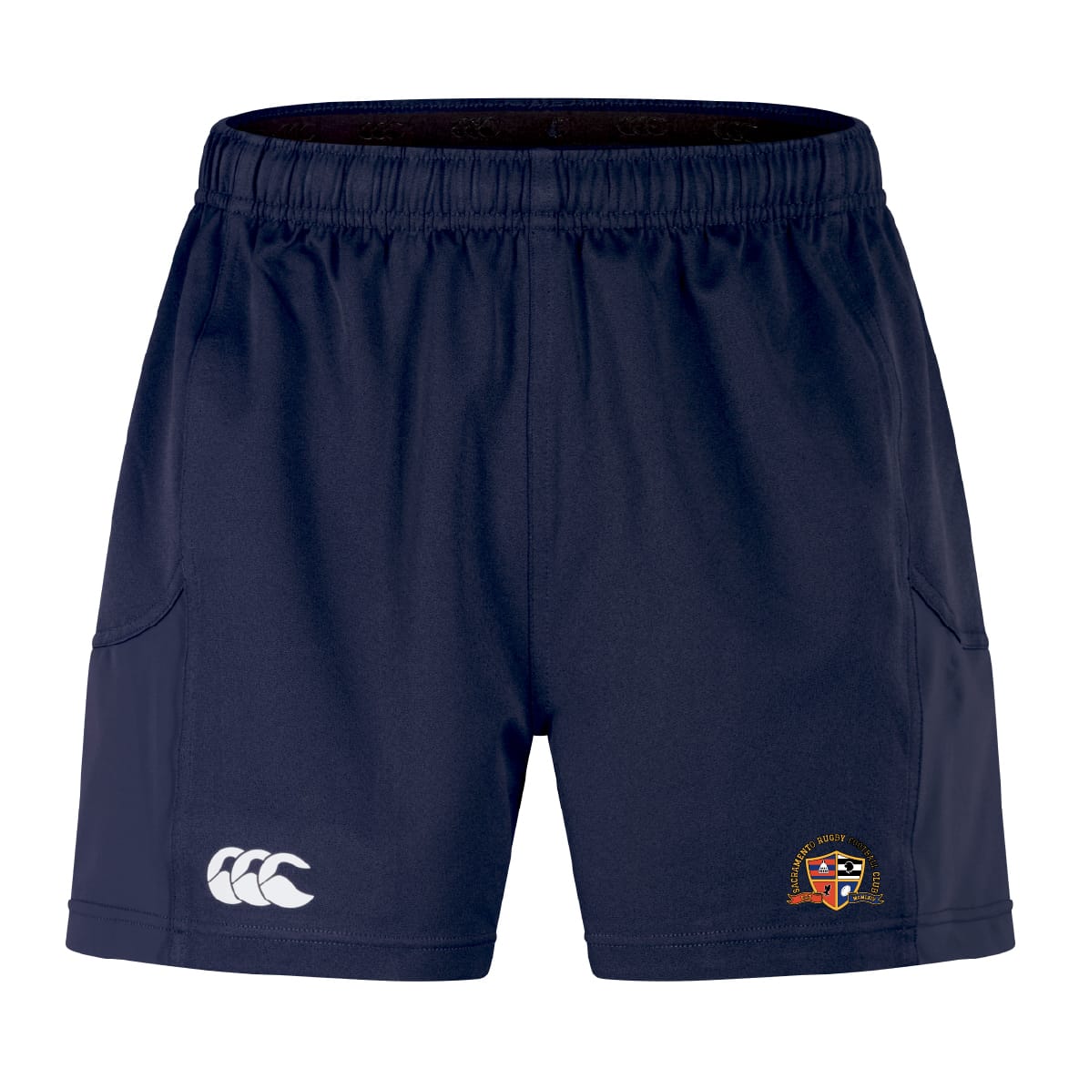 The Sacramento Rugby Football Club Advantage Short 2.0 by EMB Canterbury features navy blue recycled fabric, an elastic waistband, two side pockets, a white Canterbury logo on the left leg, and a club crest on the right.