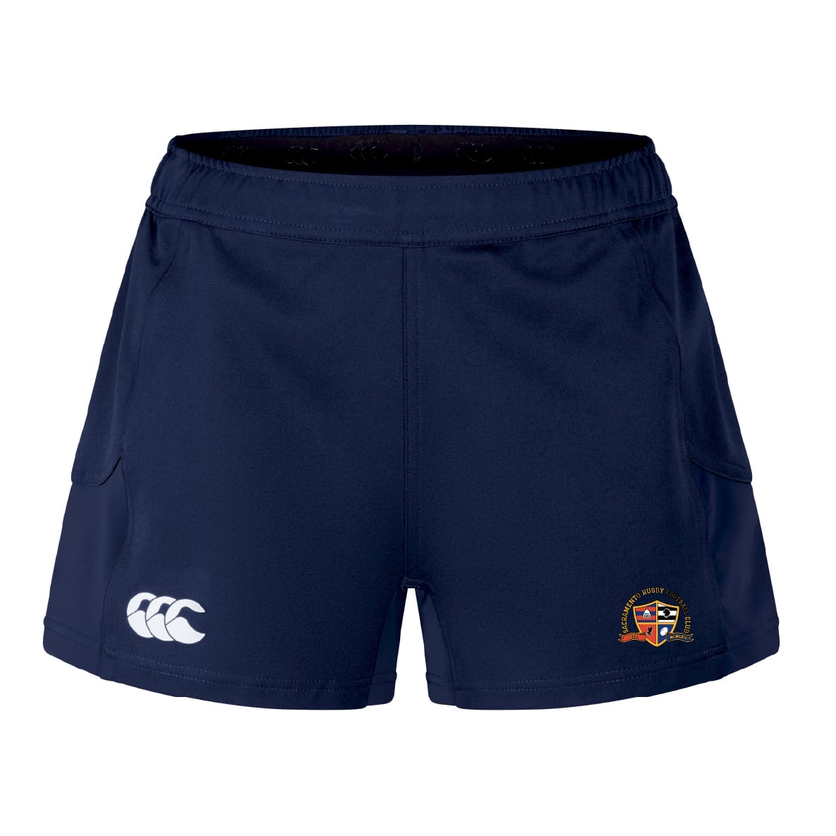 Sacramento Rugby Football Club Women's Advantage Short 2.0 by EMB Canterbury: Navy blue training shorts with a white Canterbury logo on the left leg and an embroidered club crest and text on the right leg.