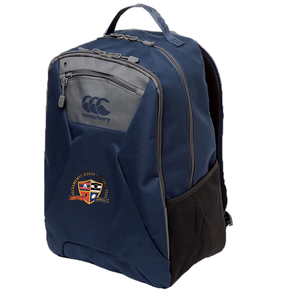 The Sacramento Rugby Football Club Medium Backpack by EMB Canterbury features a front zip pocket, side mesh pocket, padded laptop pocket, and club crest. This water repellent navy backpack is ideal for daily use.