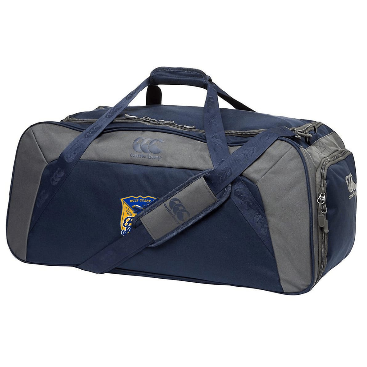 The EMB Canterbury Gulf Coast Fat Alberts Holdall Duffle Bag features navy and gray colors, a shoulder strap, handles, side pocket, water-repellent finish, and an embroidered crest—ideal for your rugby essentials.
