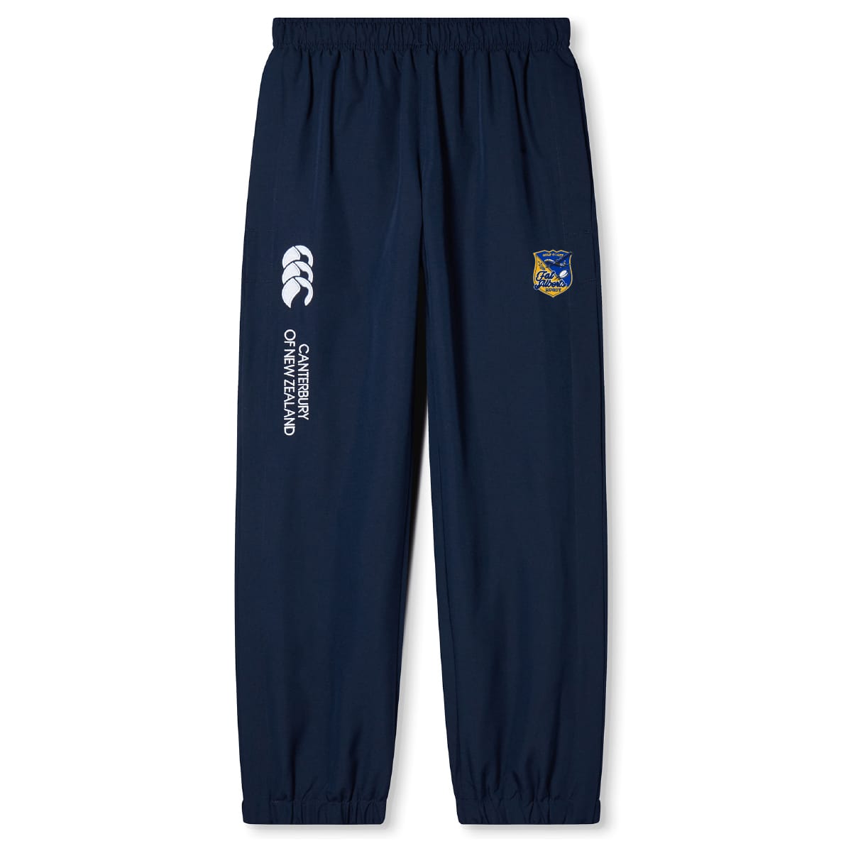 The Gulf Coast Fat Alberts Cuffed Hem Stadium Pant by EMB Canterbury features an elastic waistband, cuffed hem, Canterbury branding, and a left leg crest—ideal men's rugby pants for comfort and style.