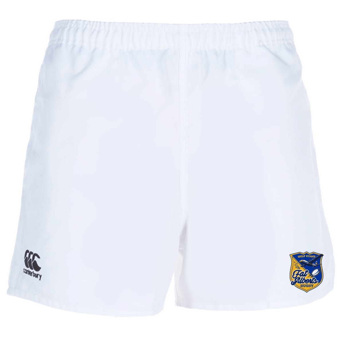 The EMB Canterbury Gulf Coast Fat Alberts Professional Rugby Short is made from durable polyester, with an elastic waistband, side pockets, the Canterbury logo on the left leg, and a blue/yellow East Allstars Varsity badge on the right.