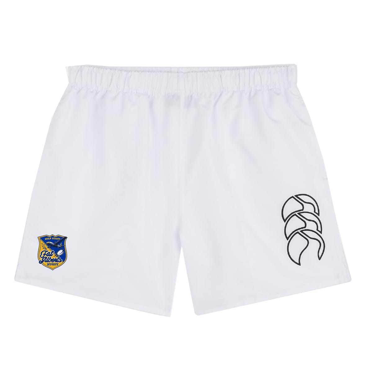 The EMB Canterbury Gulf Coast Fat Alberts Tactic Short is a white, lightweight men's training short with a blue and yellow badge on the left leg and black logo on the right—ideal for gym sessions.