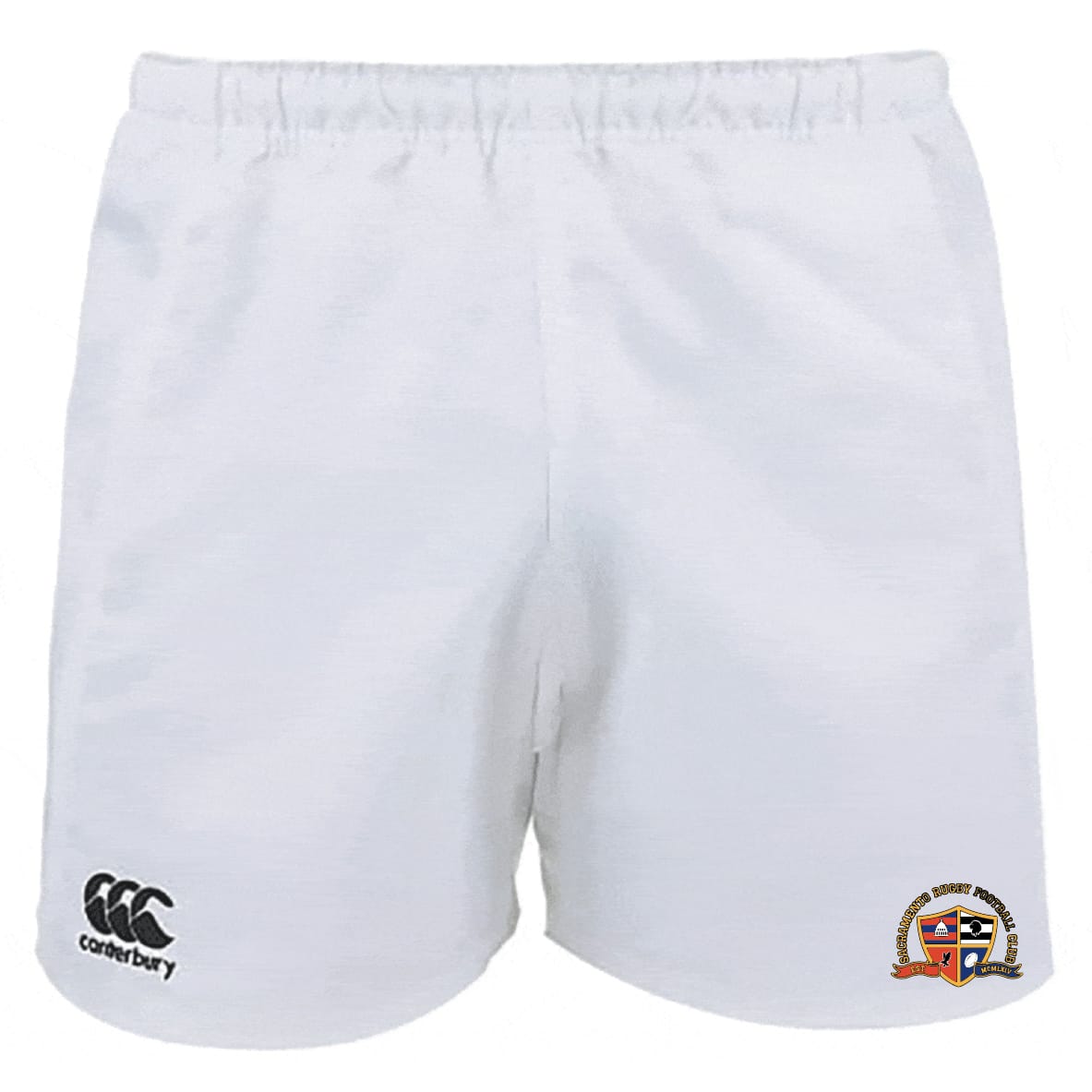 The Sacramento Rugby Football Club Professional Polyester Rugby Short by EMB Canterbury features an elastic waistband, a Canterbury logo on the left leg, and a colored crest logo on the right.