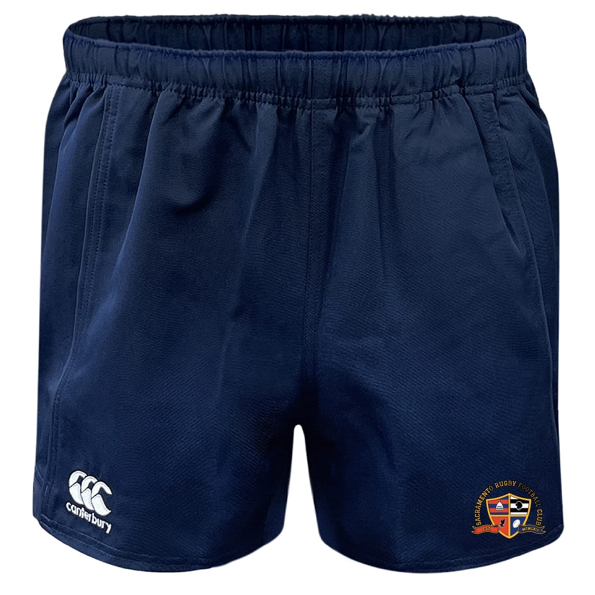 The Sacramento Rugby Football Club Professional Polyester Rugby Short by EMB Canterbury features an elastic waistband, the Canterbury logo on the left leg, an embroidered crest on the right leg, and classic, durable rugby styling.