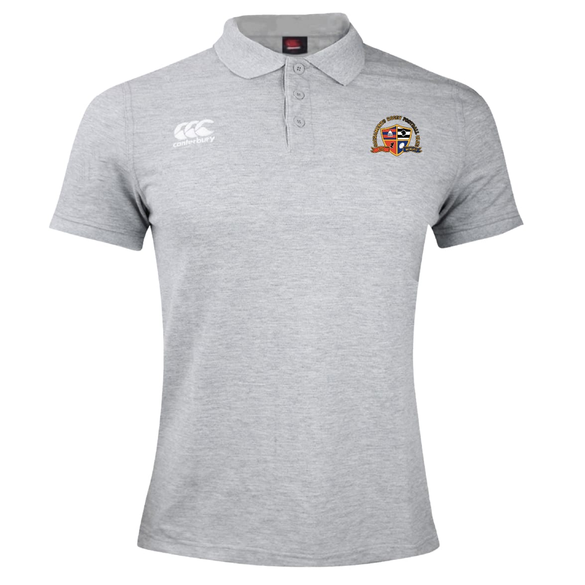 A light grey men's rugby shirt with short sleeves, a collar, three buttons, the EMB Canterbury logo on the right chest, and an embroidered Sacramento Rugby Football Club crest—this is the Waimak Polo by Canterbury.