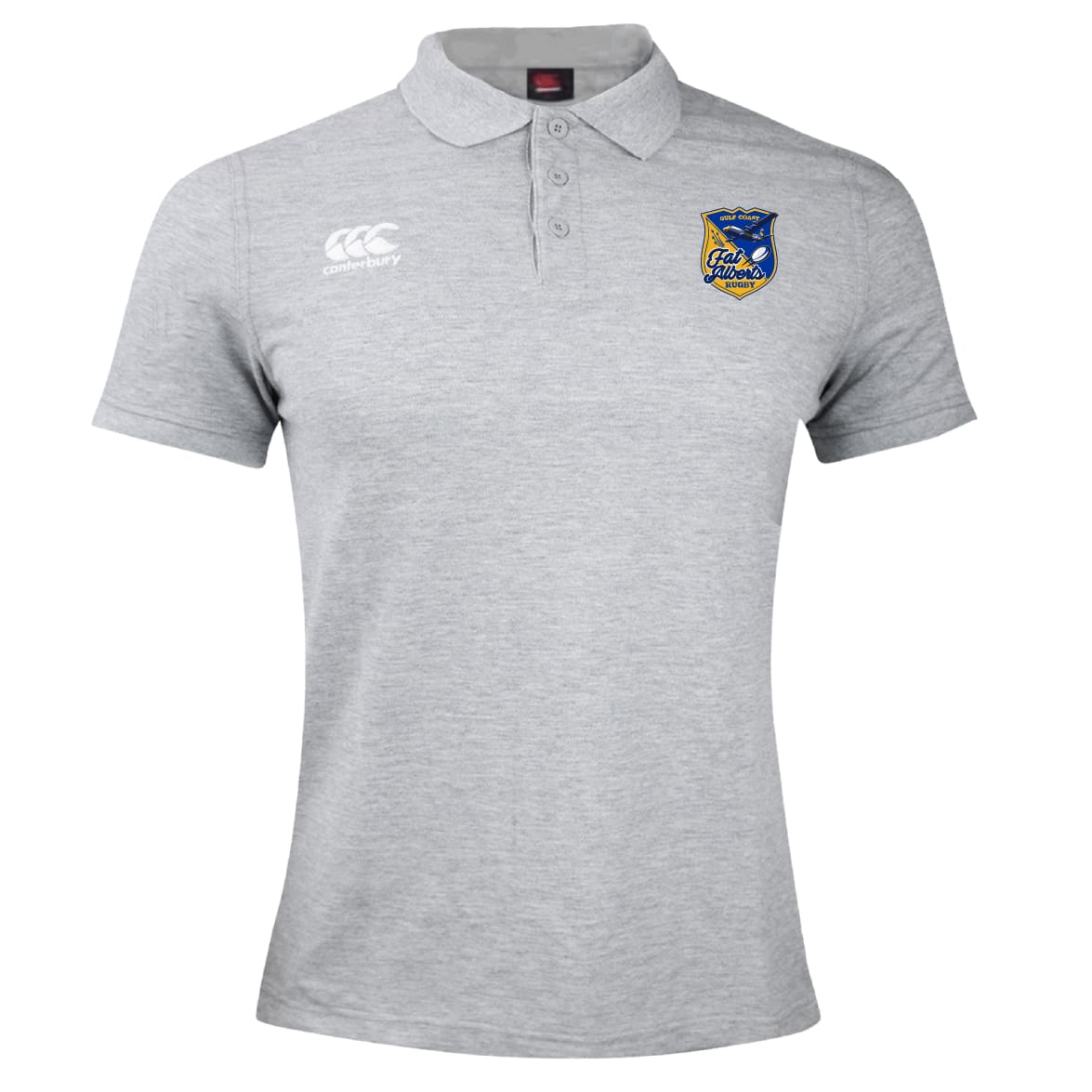 The Gulf Coast Fat Alberts Waimak Polo by EMB Canterbury is a light grey rugby polo featuring the Canterbury logo on the right chest and a blue and yellow embroidered badge on the left.