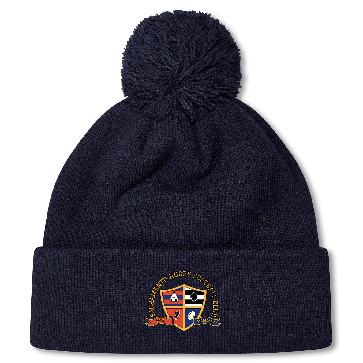 Stay warm on chilly days with the Sacramento Rugby Football Club Pom Pom Beanie by EMB Canterbury, featuring navy blue fleece lining, a pom-pom top, and the SRCF crest embroidered on the front.