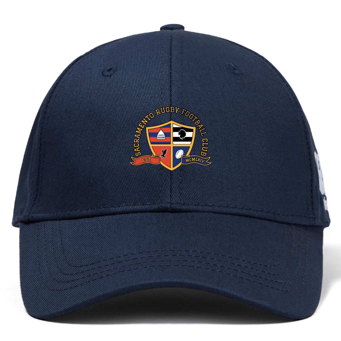 The Sacramento Rugby Football Club Flexfit Drill Cap by EMB Canterbury is a navy blue cap with an embroidered club logo on the front and a classic curved brim design.