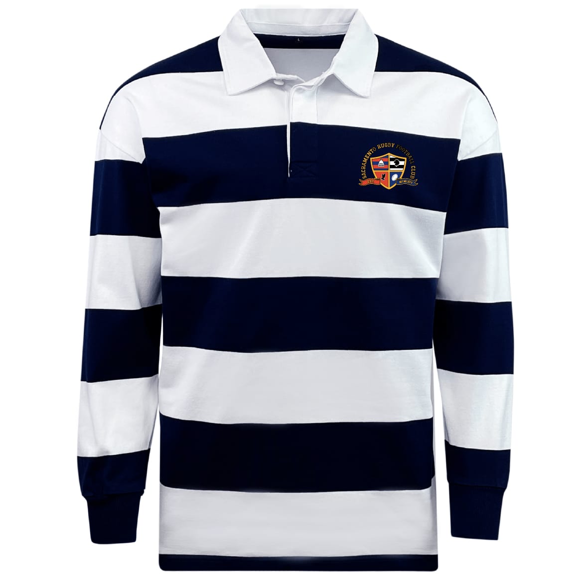 The EMB Mudoo Sacramento Rugby Football Club Classic Long Sleeve Hooped Rugby Jersey features navy blue and white stripes, a crisp white collar, long sleeves, and a crest logo on the chest for a timeless vintage look.