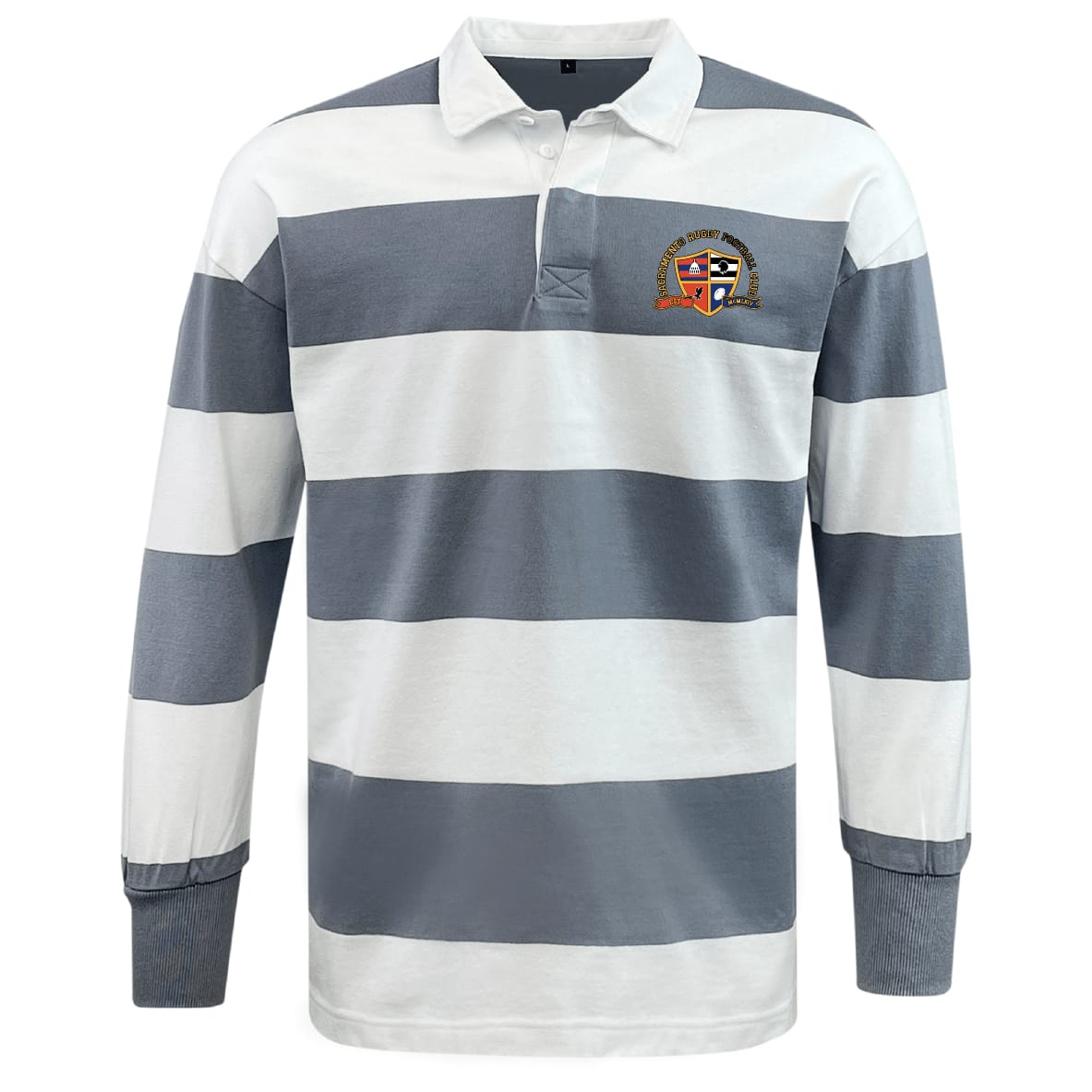 The EMB Mudoo Sacramento Rugby Football Club Classic Long Sleeve Hooped Rugby Jersey features wide white and gray stripes, a white collar, a crest on the left chest, and vintage-inspired style for timeless appeal.