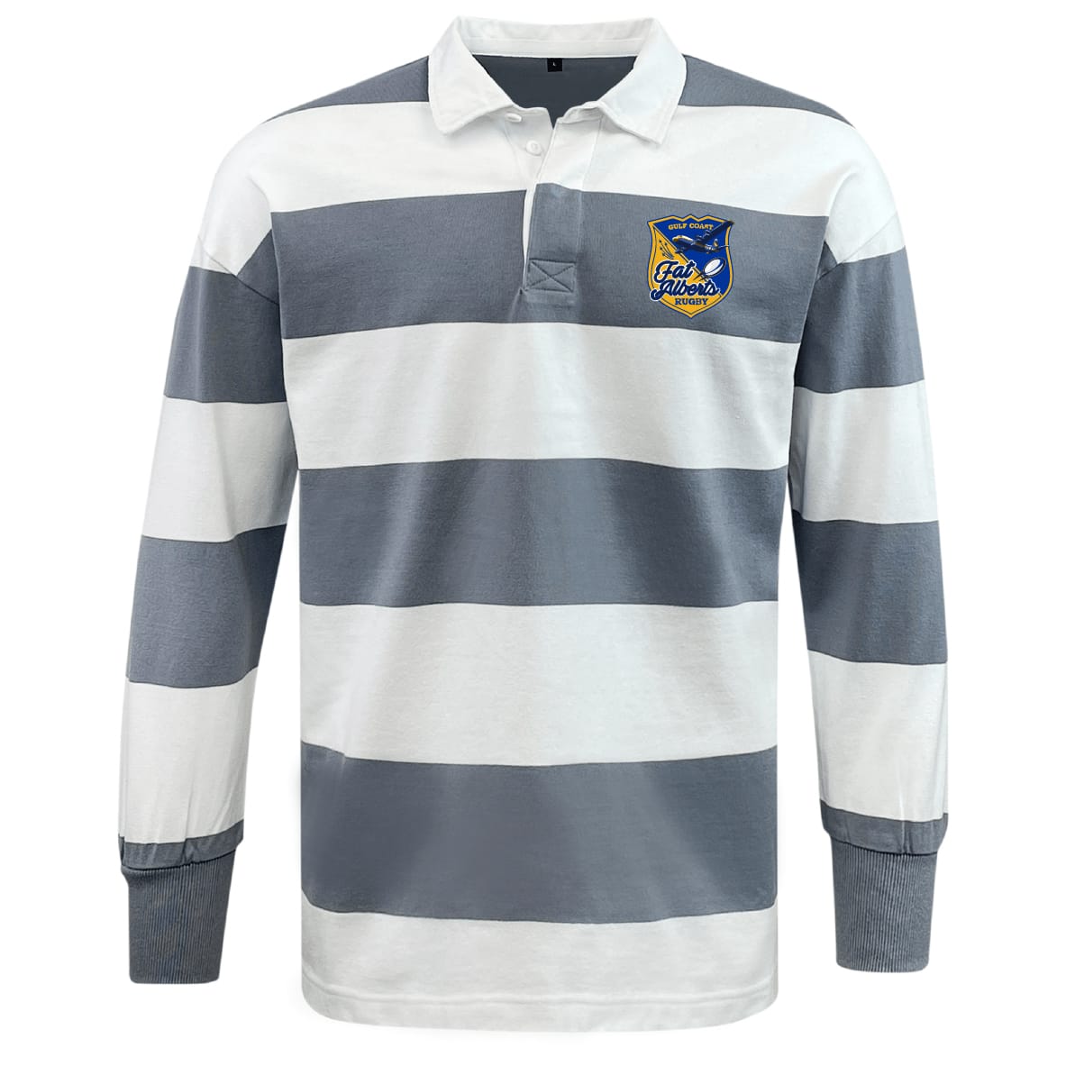 The EMB Mudoo Gulf Coast Fat Alberts Classic Long Sleeve Hooped Rugby Jersey features wide gray and white stripes and a club-style crest on the left chest, delivering timeless athletic style.