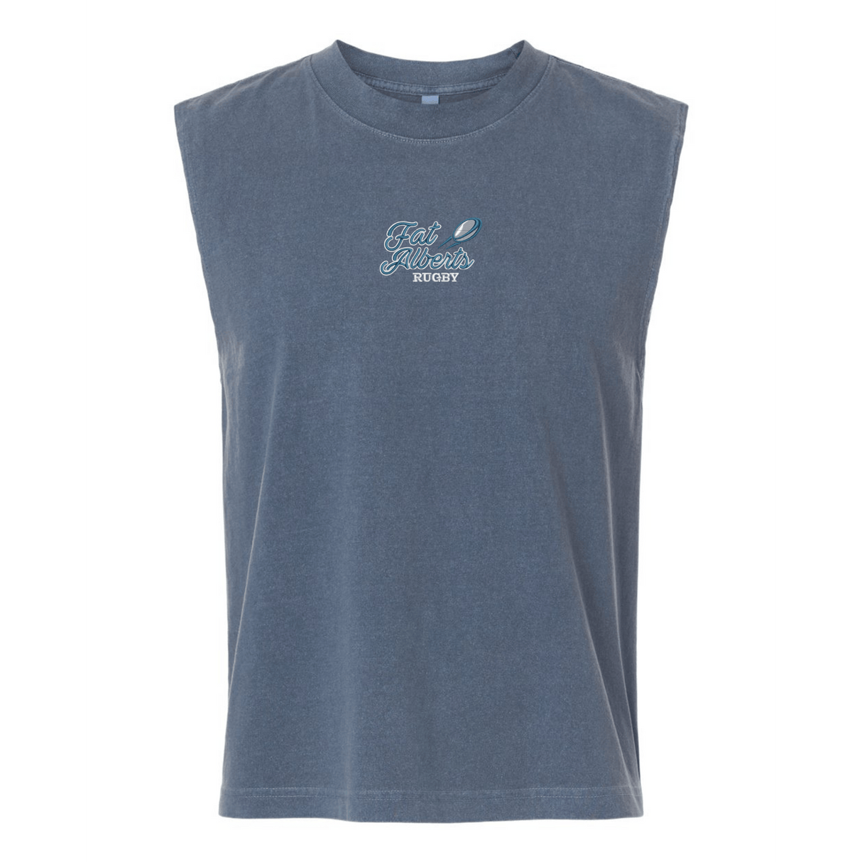 The EMB S&S Activewear Gulf Coast Fat Alberts Rugby Unisex Muscle Tee features a blue-gray sleeveless design with "Fats Distro Rugby" and a rugby ball on the chest, made from soft heavyweight cotton for comfort.