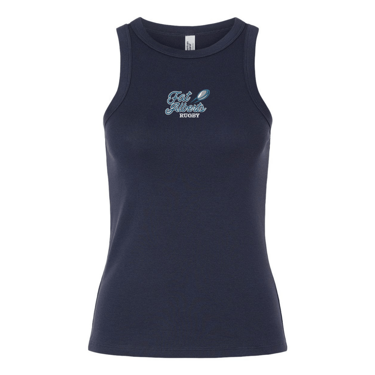 Show your Gulf Coast Fat Alberts pride in this navy women's baby rib tank by EMB S&S Activewear, featuring "Eat. Sleep. Rugby." and a rugby ball graphic in light blue and white on the chest.
