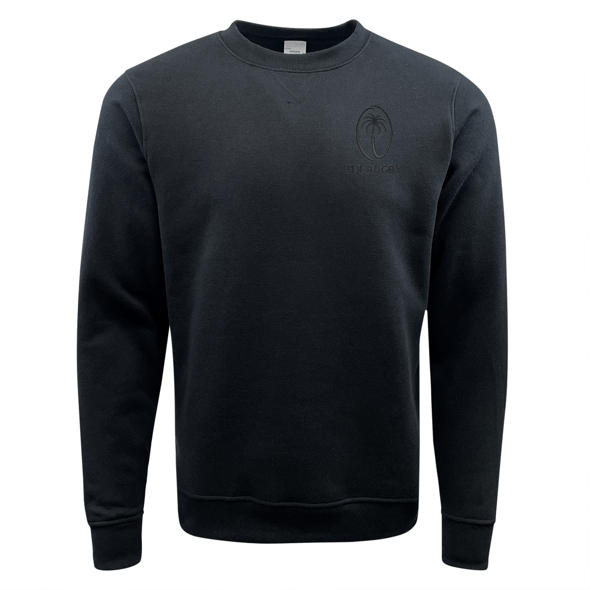 The Fiji Tonal Fleece Crewneck Sweatshirt by EMB Augusta is a plain black sweatshirt featuring a small, embroidered palm tree design and the text "Tropics" on the upper left chest area. This tonal fleece crewneck includes long sleeves and a classic crew neck.