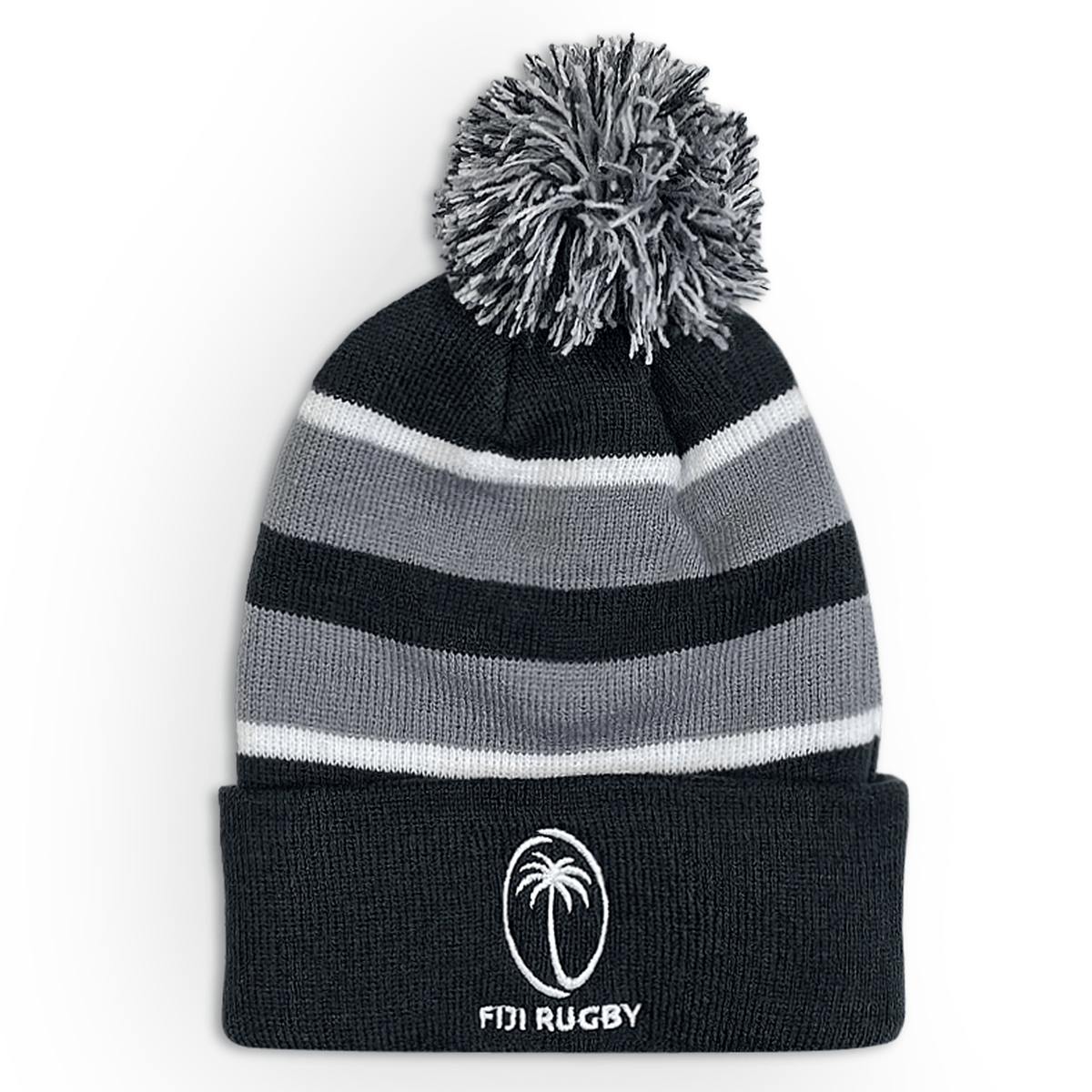 The EMB Augusta Fiji Hooped Pom-Pom Beanie features a black and gray hooped design, a snug acrylic fabric construction, and the iconic Fiji Rugby logo.