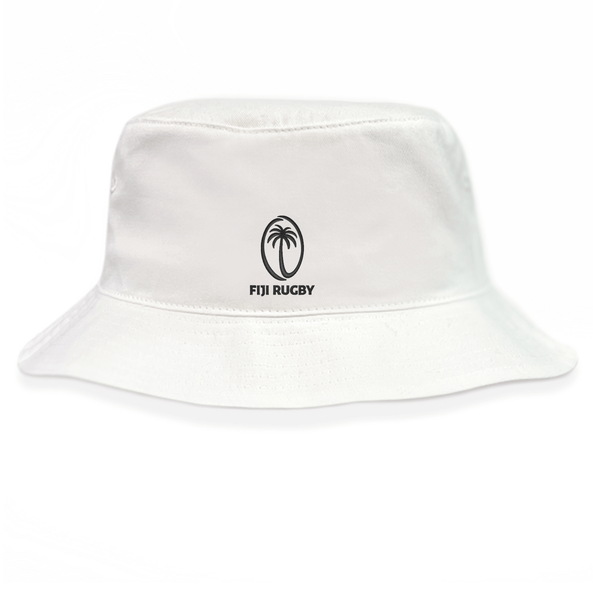 The Fiji Crusher Bucket Hat by WRS S&S Activewear is made of cotton twill and showcases the iconic Fiji Rugby palm tree logo on the front, offering classic style and sun protection.