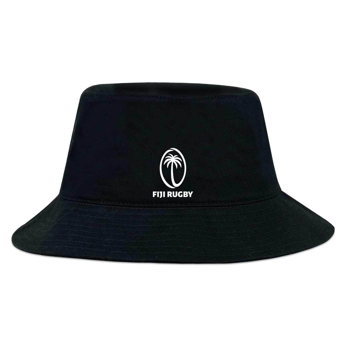 The Fiji Crusher Bucket Hat by WRS S&S Activewear features a white palm tree logo above "Fiji Rugby" on the front. Made from comfortable cotton twill, this black hat offers style and sun protection.