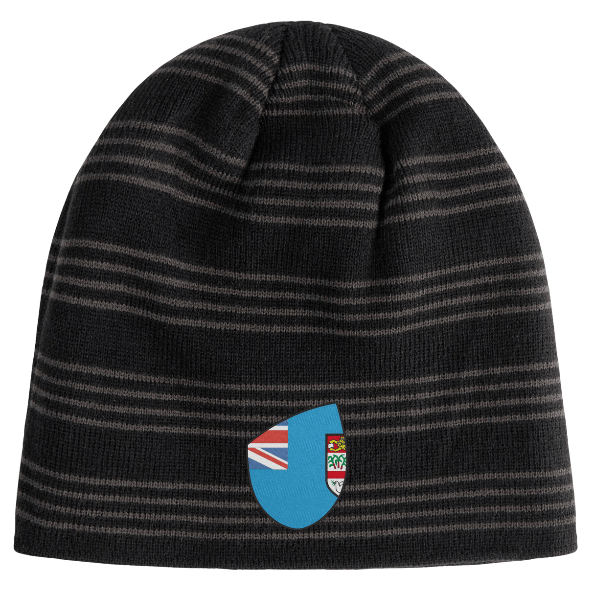 The EMB Canterbury Fiji Shield Beanie is black and gray with stripes, a blue background, emblem of the Fiji shield, and flags.