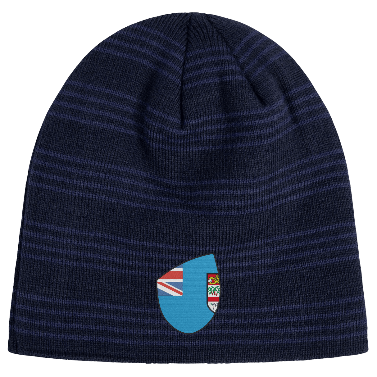 The EMB Canterbury Fiji Shield Beanie is a fashionable accessory featuring navy and black stripes with a partial flag crest design.