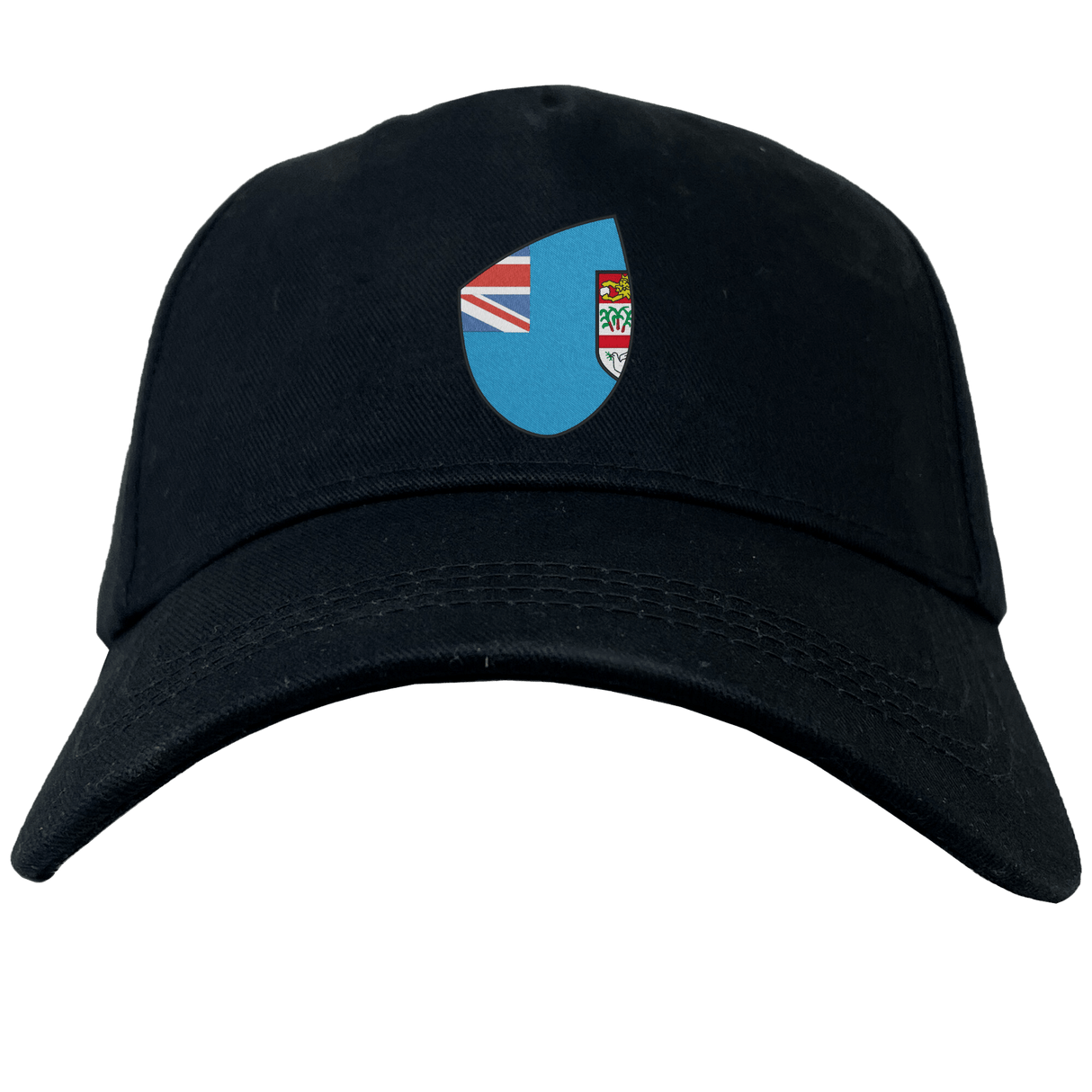 Introducing the Fiji Shield Flex Drill Cap by EMB Canterbury: a sleek black baseball cap featuring a unique patch with the iconic Fiji Shield.