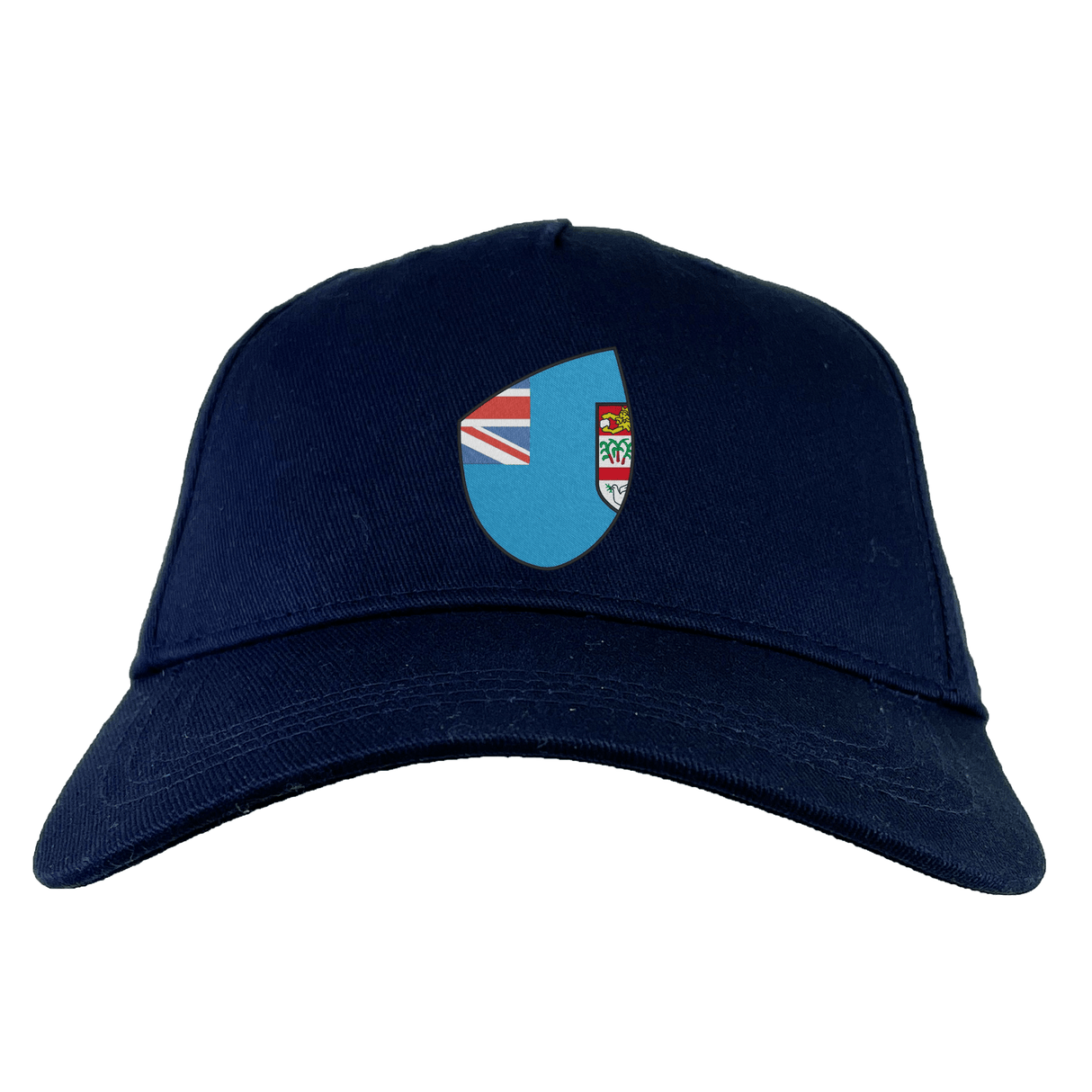 A Fiji Shield Flex Drill Cap by EMB Canterbury, in navy blue, showcases a shield logo with the Union Jack, a coat of arms, and the Fiji Shield.