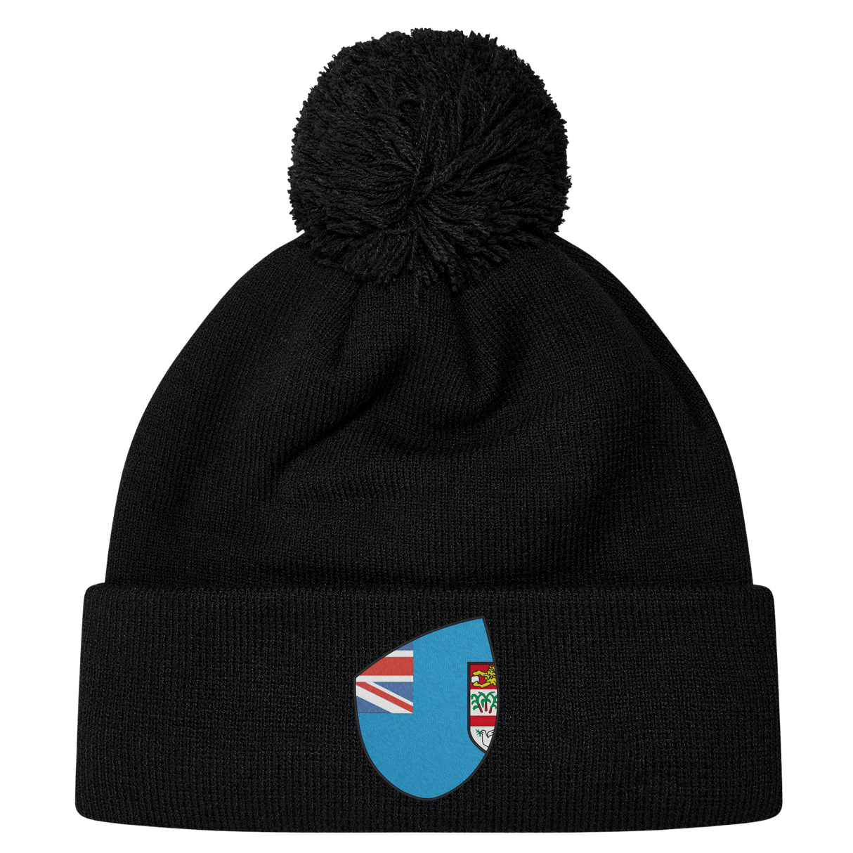 Cheer for Fiji with the Fiji Shield Pom Pom Beanie by EMB Canterbury. This stylish black beanie features a pom-pom and a blue emblem with a flag design, perfect for showcasing your rugby spirit and allegiance to the Fiji Shield.