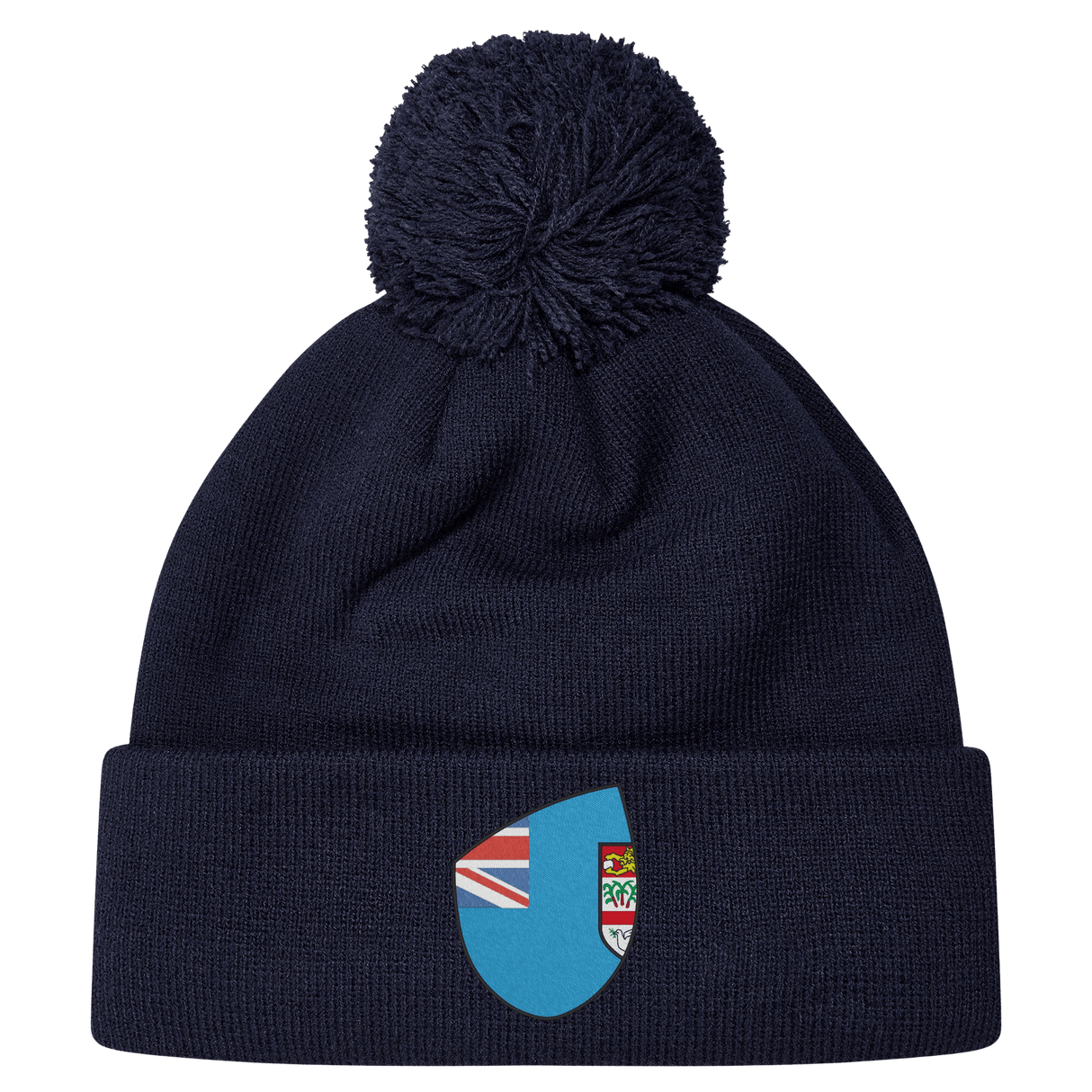The Fiji Shield Pom Pom Beanie by EMB Canterbury is a navy blue hat featuring a pom-pom and a shield emblem with a Union Jack and crest, ideal for rugby supporters.