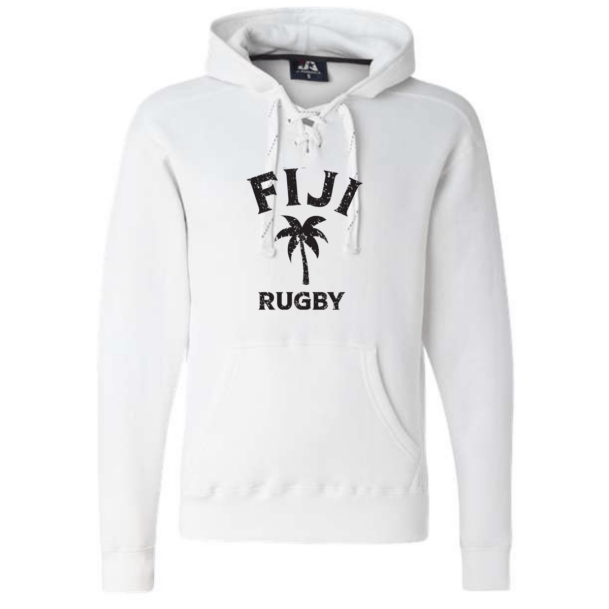 The WRS S&S Activewear Nations of Rugby Fiji Rugby Hockey Hoodie features a front pocket, drawstring hood, and "FIJI RUGBY" with a palm tree graphic—ideal for passionate rugby fans.