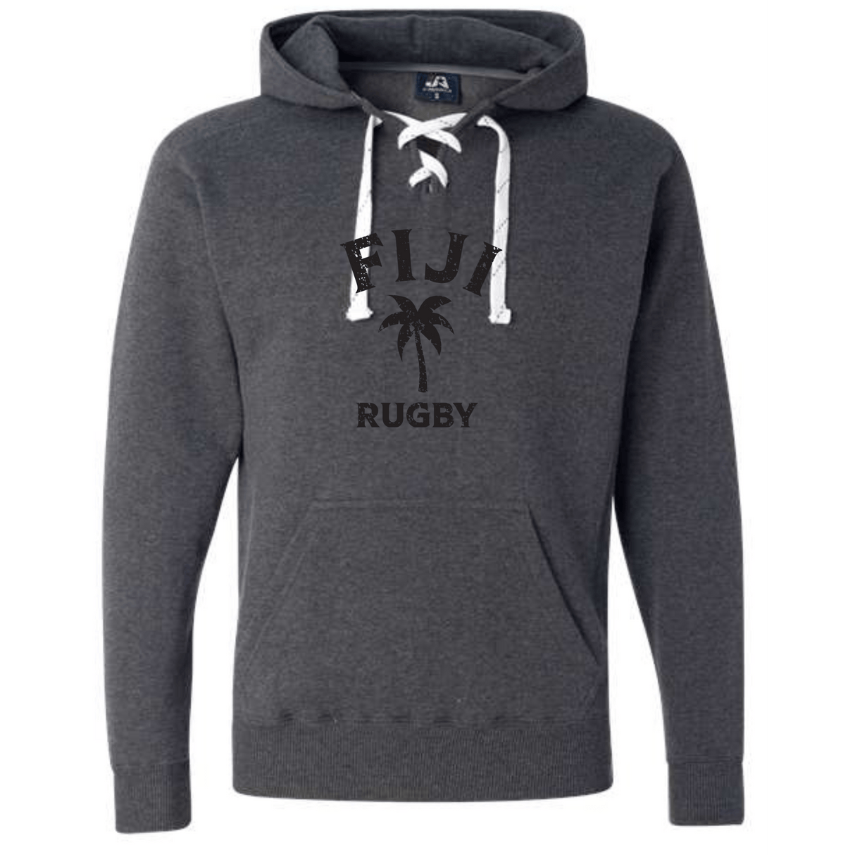 The Nations of Rugby Fiji Rugby Hockey Hoodie by WRS S&S Activewear is a dark gray hoodie with white laces, "FIJI RUGBY," and a palm tree graphic—ideal for passionate rugby fans seeking stylish support.