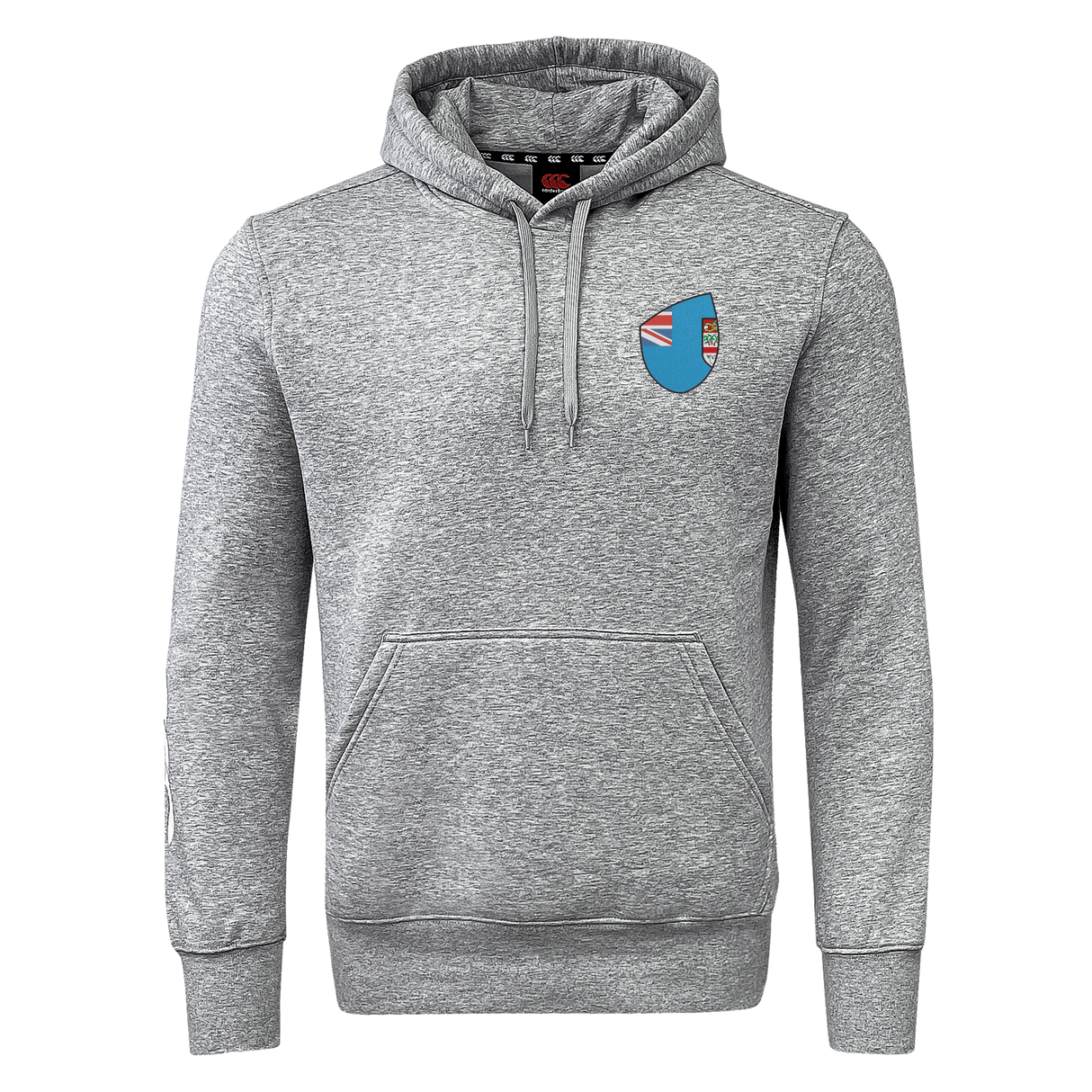 The Fiji Shield Club Hoodie by EMB Canterbury is a gray hooded sweatshirt with sleeve branding, a front pocket, and a colorful emblem on the upper left, crafted from premium sweatshirt fleece for enhanced comfort and style.
