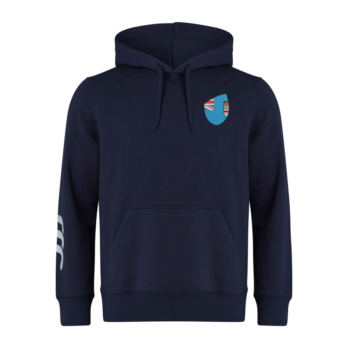 EMB Canterbury's Fiji Shield Club Hoodie in navy blue boasts a flag emblem on the chest, Canterbury sleeve branding with three white stripes, and is crafted from premium sweatshirt fleece for ultimate comfort.