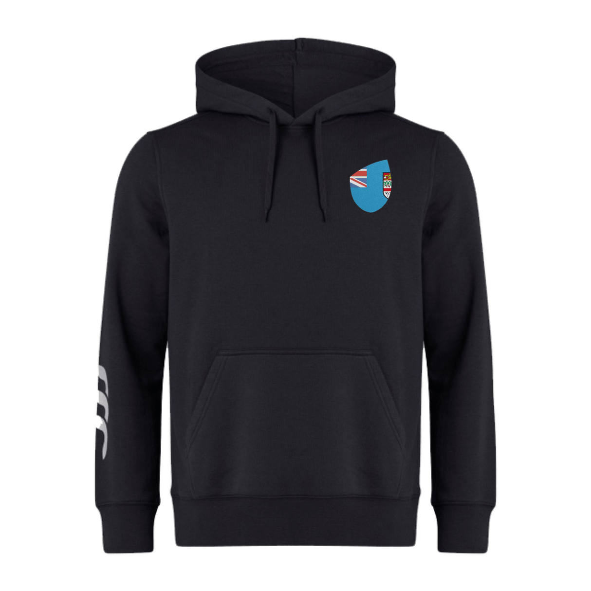 The Fiji Shield Club Hoodie by EMB Canterbury boasts a black design featuring a blue shield with flag elements on the chest. Made from premium sweatshirt fleece, it showcases the Canterbury sleeve branding of three white curved lines on the right sleeve.