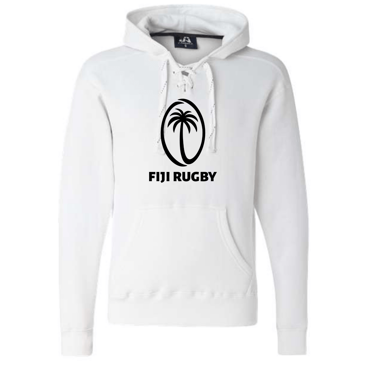 The Fiji Hockey Hoodie by WRS S&S Activewear is a white, made-to-order hoodie with a lace-up collar, featuring a black oval logo with a palm tree and "FIJI RUGBY" on the front—perfect for Flying Fijians fans.