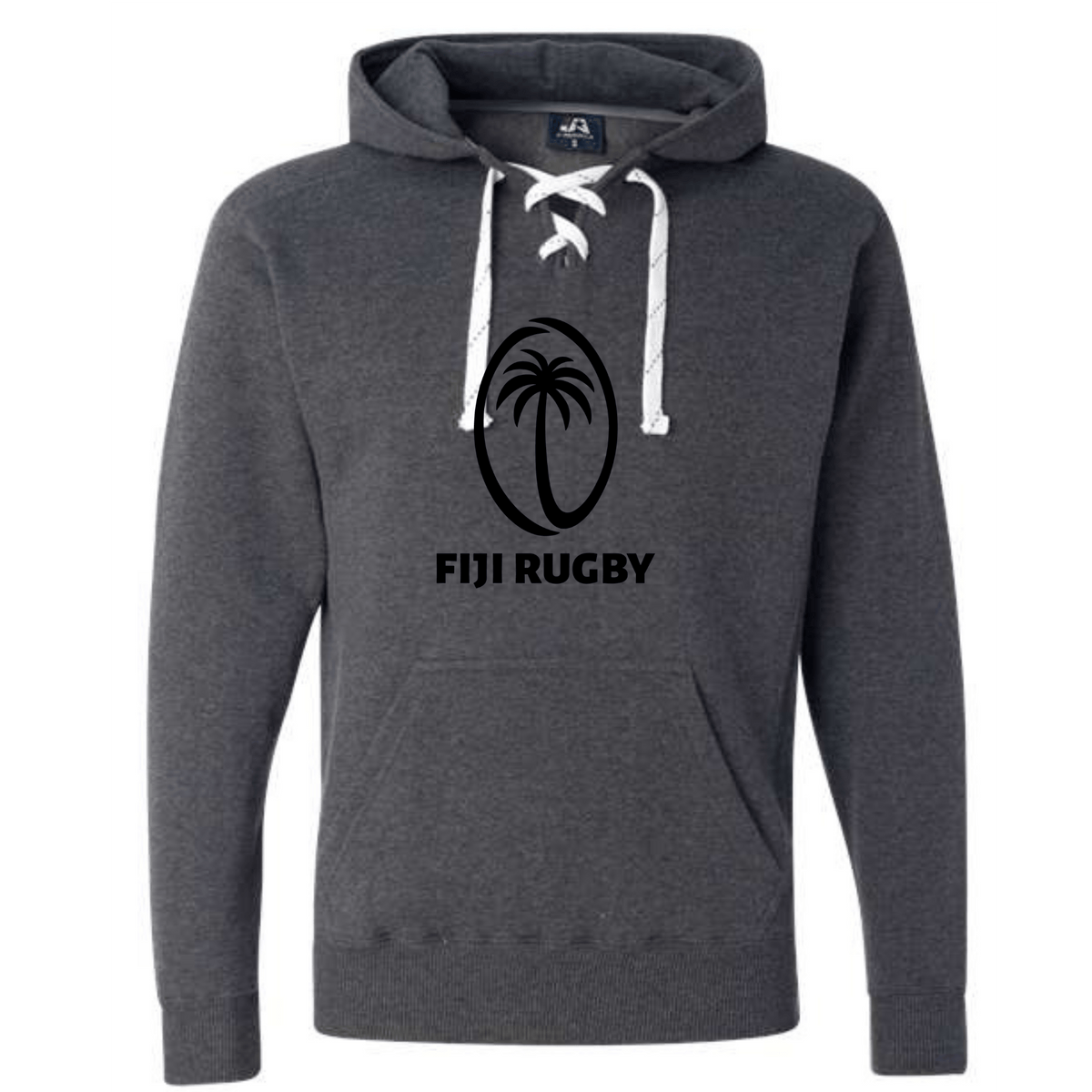 The Fiji Hockey Hoodie by WRS S&S Activewear is a dark gray, made-to-order hoodie with white drawstrings and a black oval logo featuring a palm tree and "FIJI RUGBY" on the chest—ideal for Flying Fijians fans.