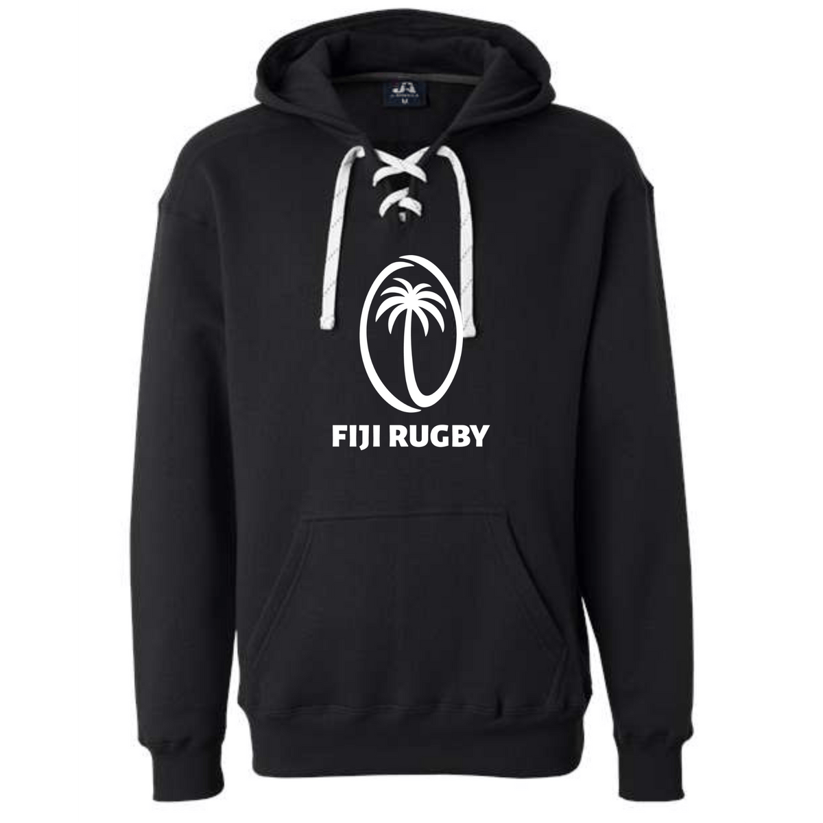 The Fiji Hockey Hoodie by WRS S&S Activewear is a black lace-up, made-to-order hoodie featuring a white palm tree logo and "Fiji Rugby" printed on the front—ideal for Flying Fijians fans.