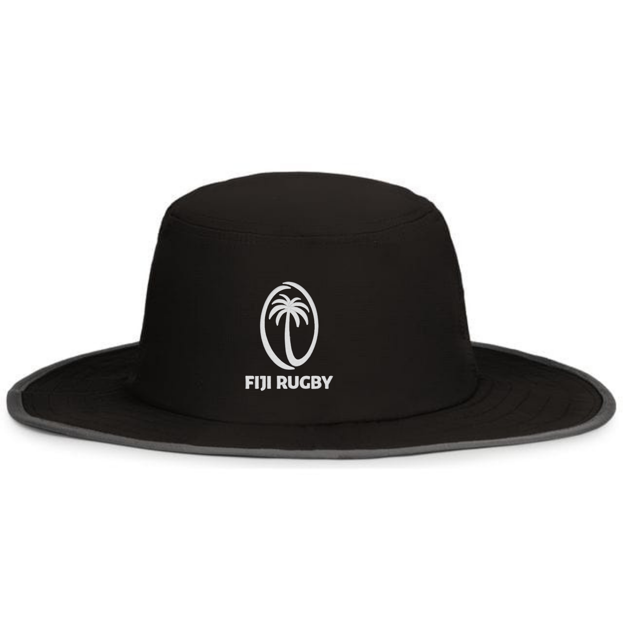The EMB Augusta Fiji Rugby Perforated Boonie Hat is black with a white palm tree logo and "FIJI RUGBY" on the front, made from moisture-wicking fabric for cool comfort.