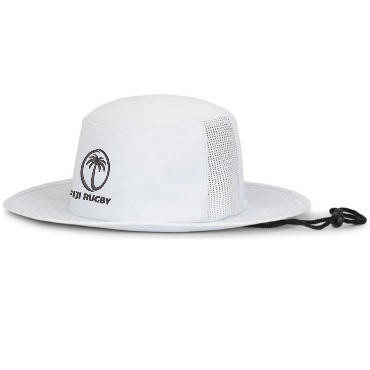 The EMB Augusta Fiji Rugby Perforated Boonie Hat features a white wide brim, mesh side panels for moisture wicking, black chin strap, and a front "Fiji Rugby" palm tree logo.