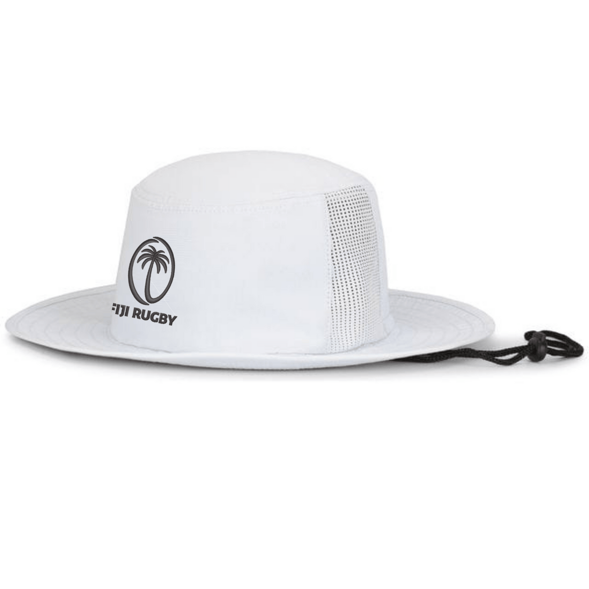 The EMB Augusta Fiji Rugby Perforated Boonie Hat features a white wide brim, mesh side panels for moisture wicking, black chin strap, and a front "Fiji Rugby" palm tree logo.